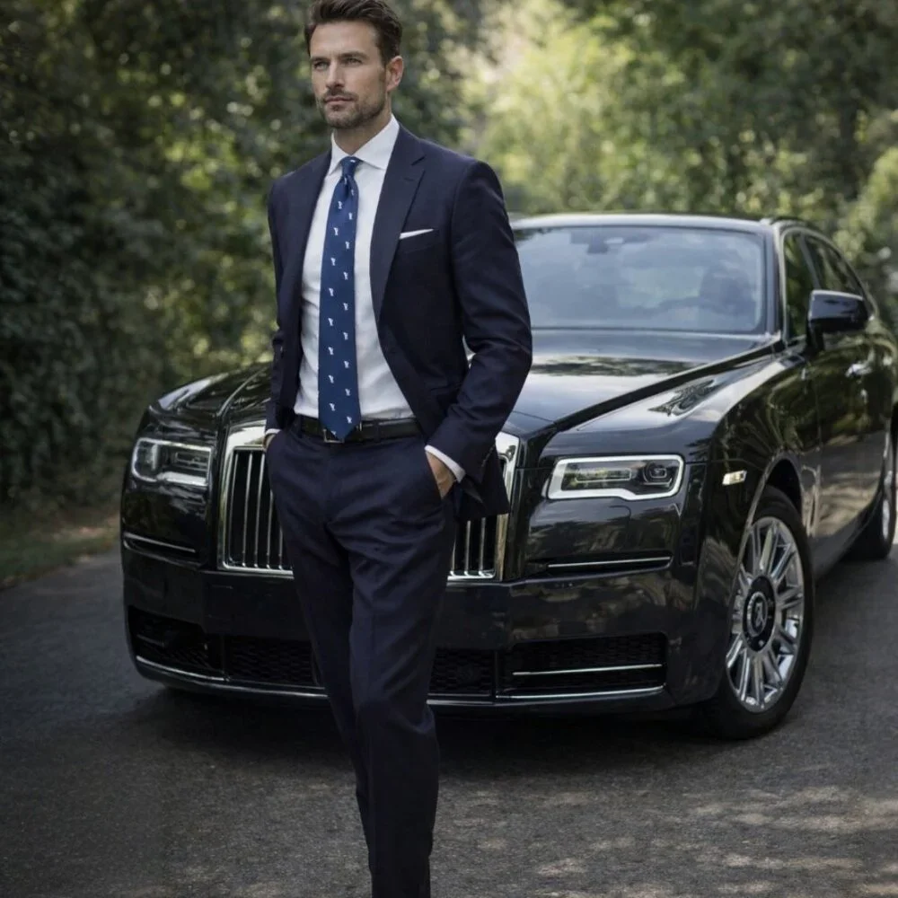 Rolls-Royce Men’s Navy Blue Luxury Designer Necktie | Iconic R R Patt - Picture 3 of 8